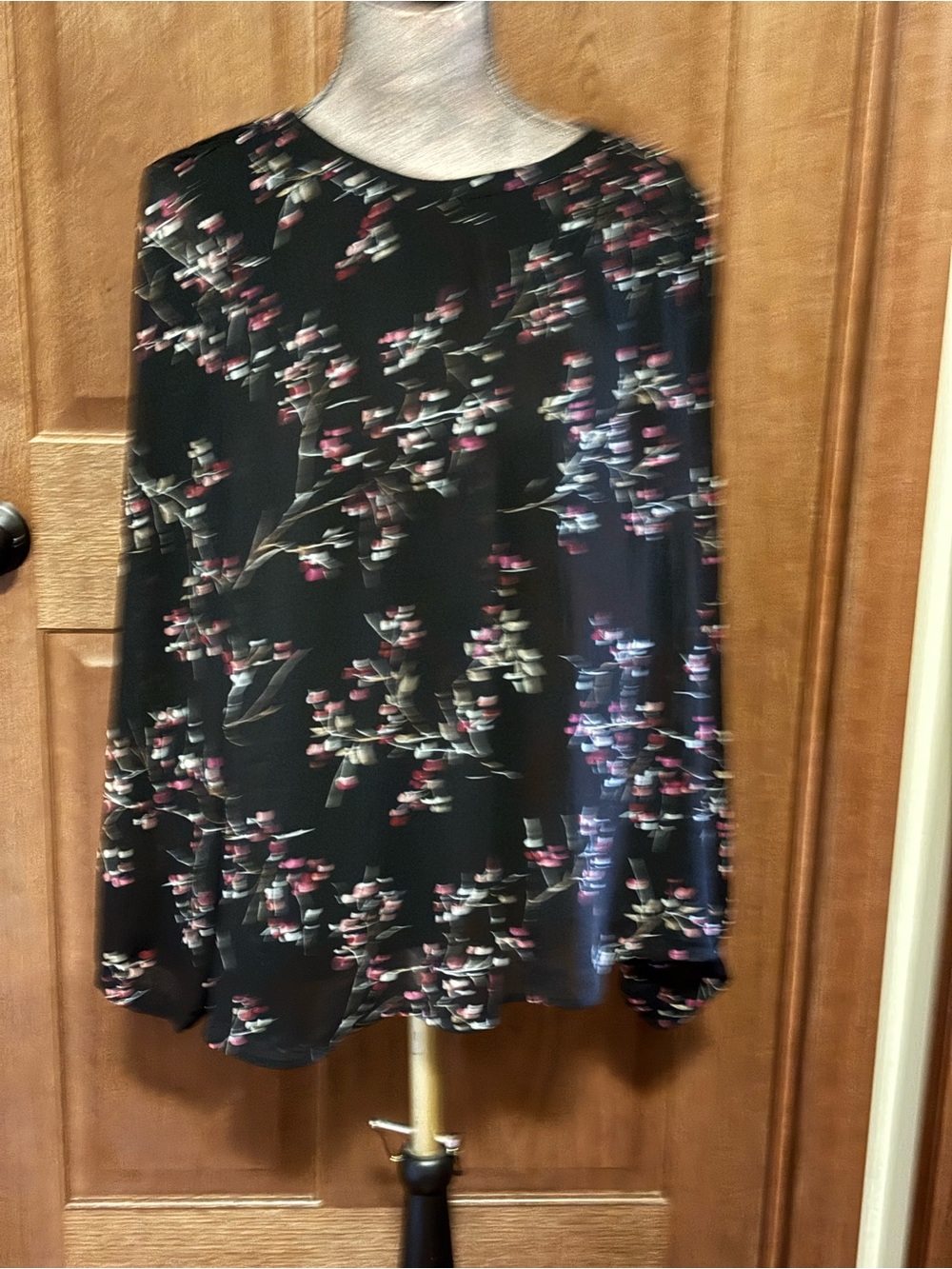 CJ Banks Black Blouse with Pink Floral Accents